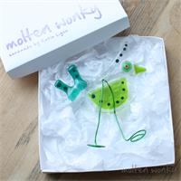 Green Birdy Bird fused glass hanging decoration made by molten wonky