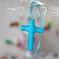 fused glass cross with an aura of colour from molten wonky