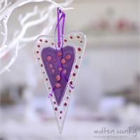 purple fused glass love heart decoration handmade by molten wonky