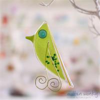 Green Lala Bird hanging fused glass decoration handmade by Katie Lynn