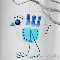 Blue quirky Bird fused glass hanging decoration made by molten wonky