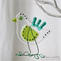 Green quirky Bird fused glass hanging decoration made by molten wonky