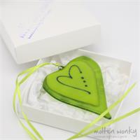 lime green fused glass love heart decoration handmade by molten wonky