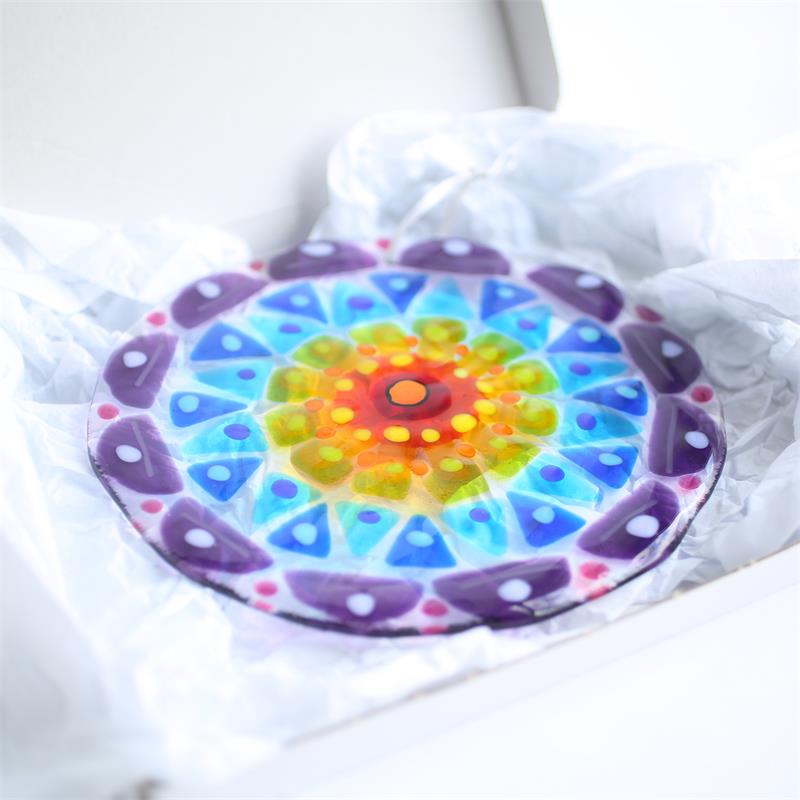 handmade fused glass rainbow mandala 