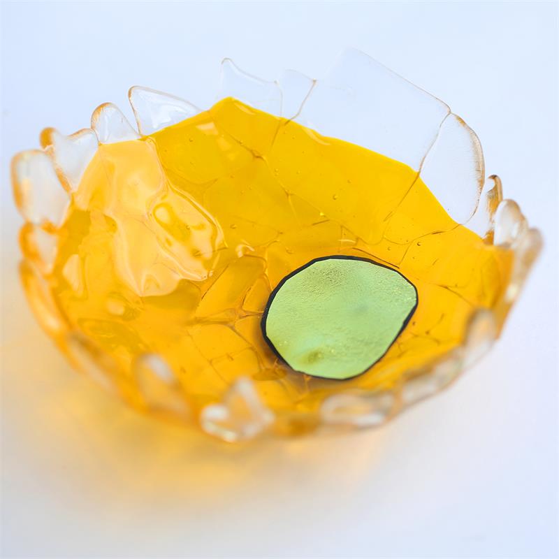 yellow fun fraggley fused glass bowl 