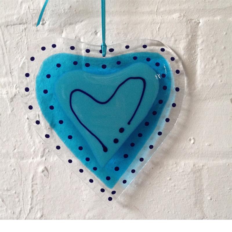 Big blue fused glass love heart hanging decoration made by molten wonky
