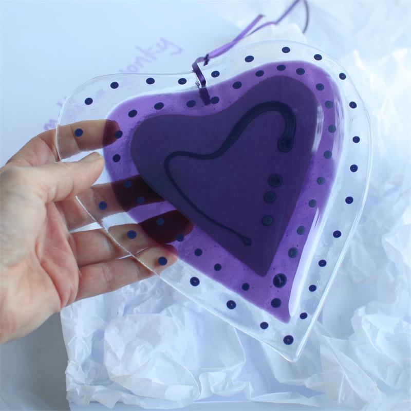 Big purple fused glass love heart 