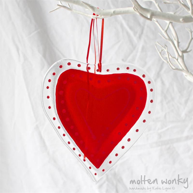 Big red fused glass love heart hanging decoration made by molten wonky