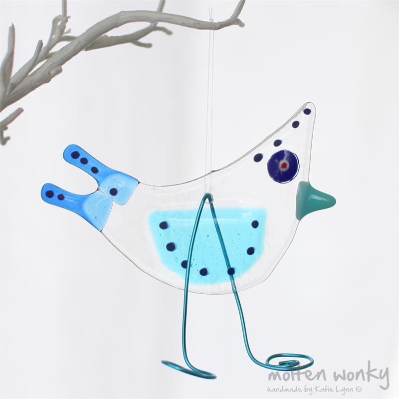 Blue Birdy Bird fused glass hanging decoration made by molten wonky