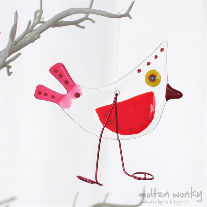 Red Birdy Bird fused glass hanging decoration made by molten wonky