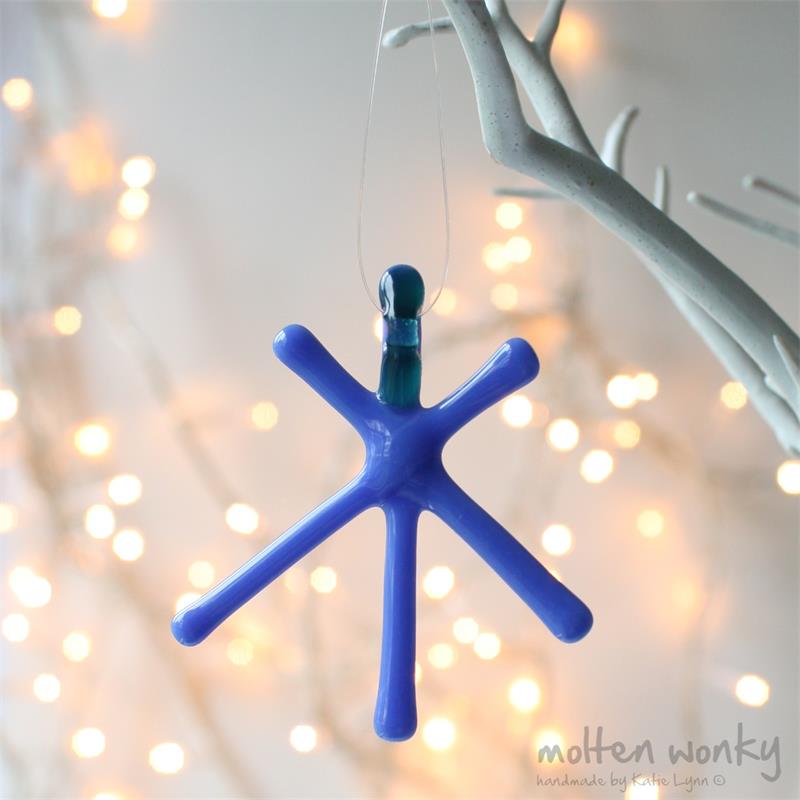 Blue Opaque fused glass star hanging decoration made by molten wonky