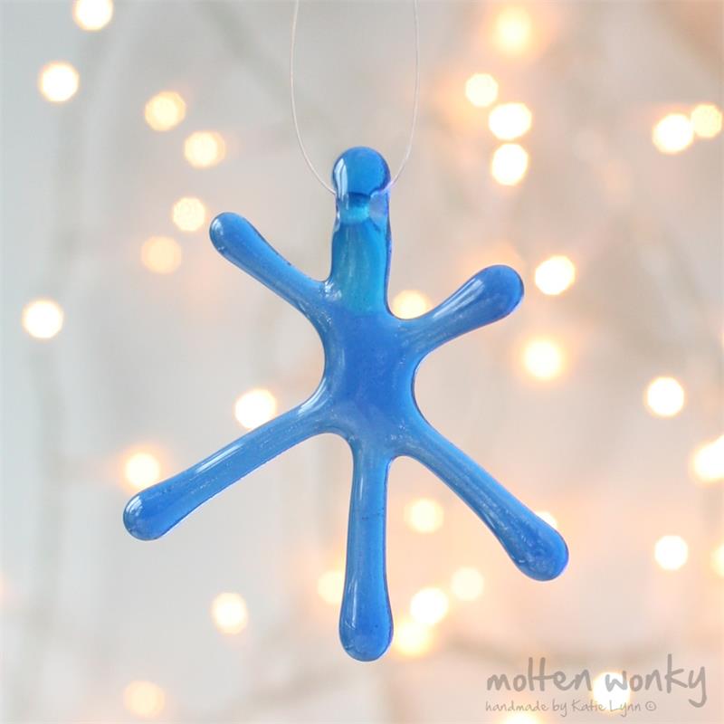Blue Transparent fused glass star hanging decoration made by molten wonky