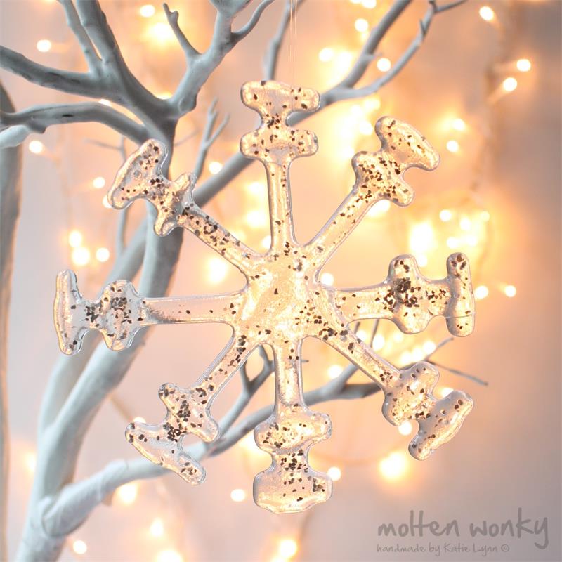 Clear glitter fused glass snow flake hanging decoration with lights made by molten wonky
