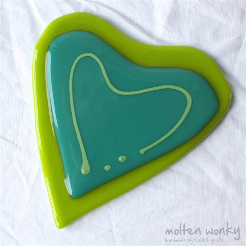 green fused glass love heart table coaster from molten wonky