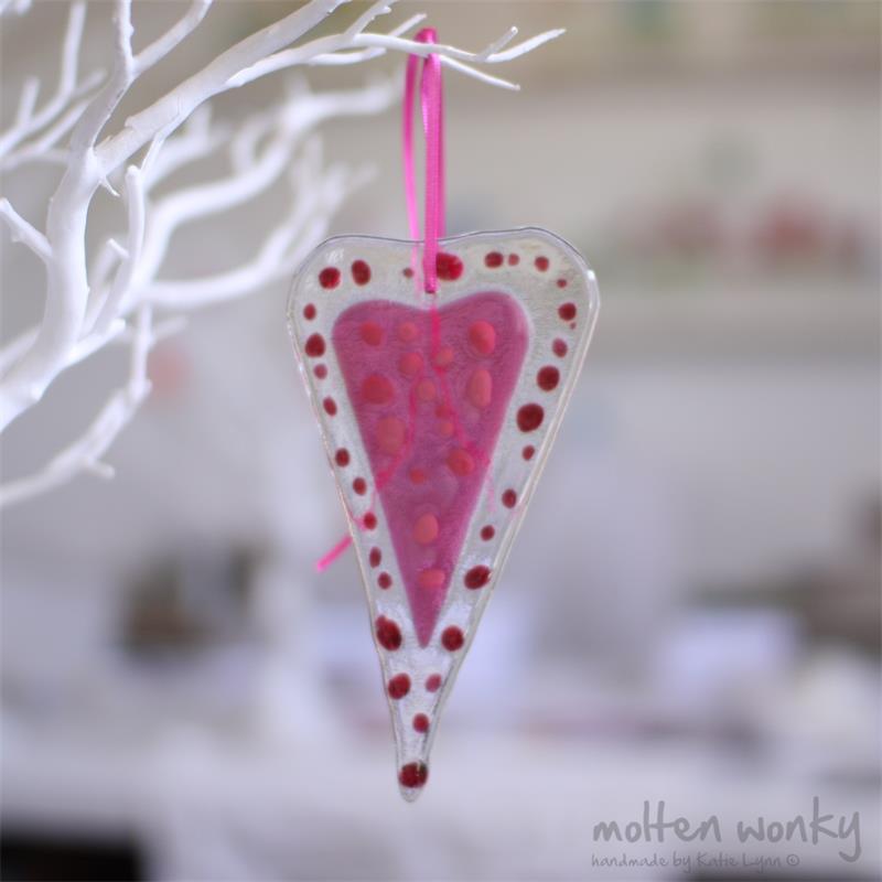 pink fused glass love heart decoration handmade by molten wonky