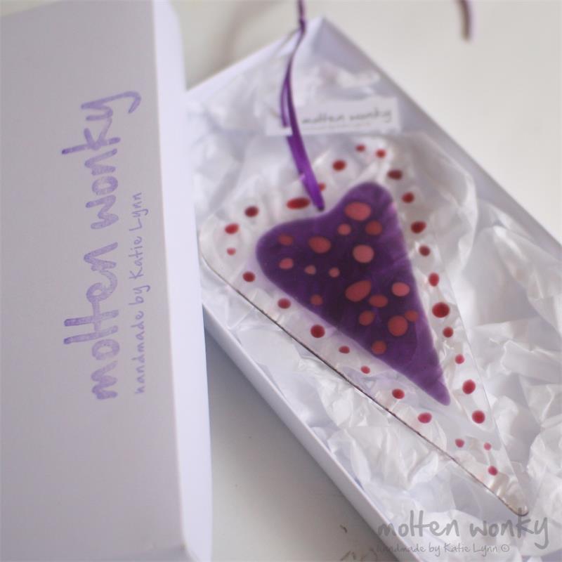 purple dotty fused glass love heart