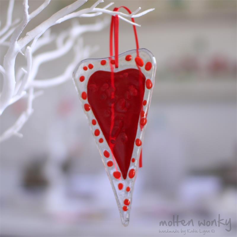 red fused glass love heart decoration handmade by molten wonky