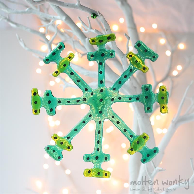 Emerald fused glass snow flake hanging decoration made by molten wonky
