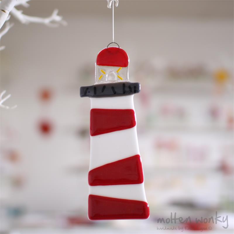 red and white lighthouse fused glass decoration