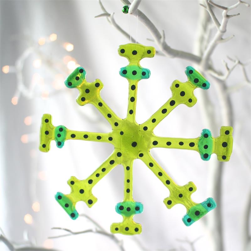 Lime Green fused glass snow flake hanging decoration made by molten wonky