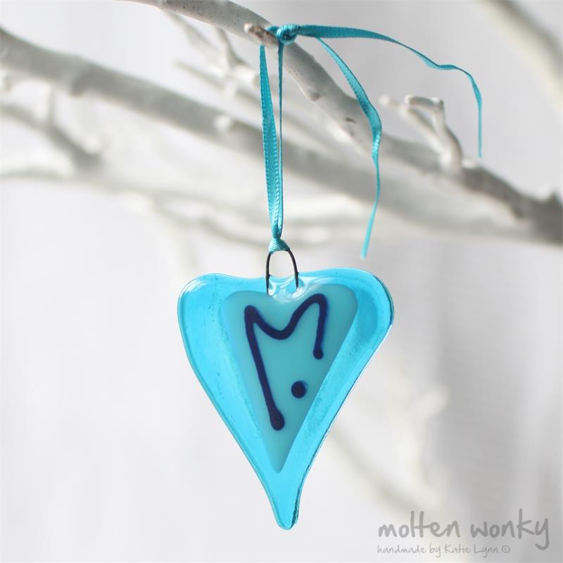 little blue fused glass love heart hanging decoration made by molten wonky