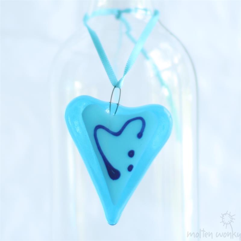 little blue fused glass love heart hanging decoration made by molten wonky