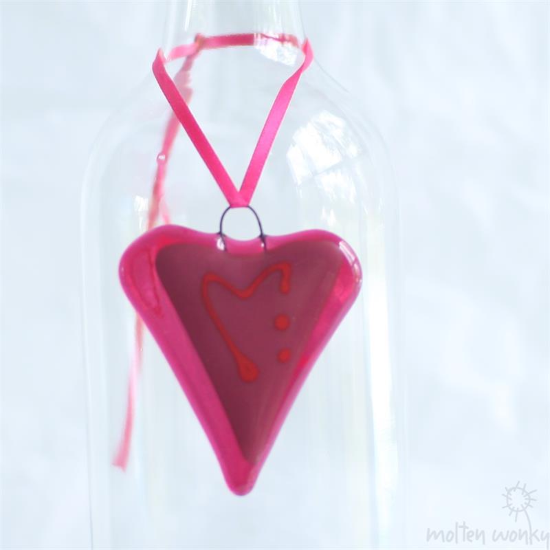 Little pink fused glass love heart hanging decoration made by molten wonky
