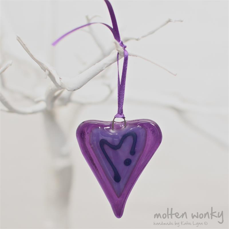 little purple fused glass love heart hanging decoration made by molten wonky