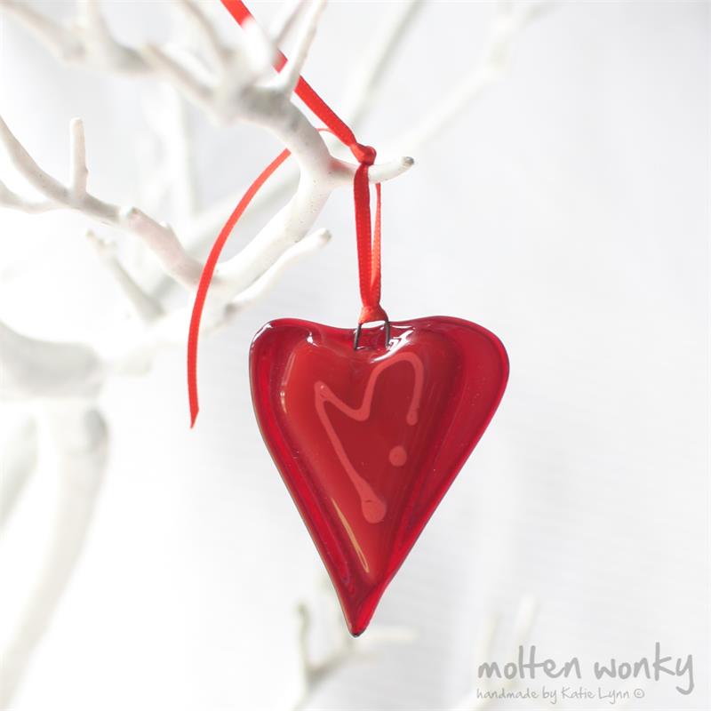 little red fused glass love heart hanging decoration made by molten wonky