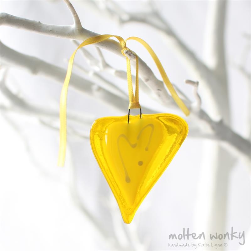 little yellow fused glass love heart hanging decoration made by molten wonky