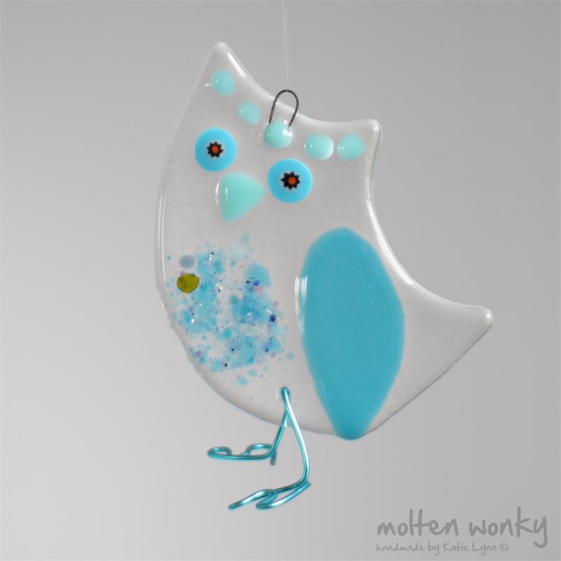 Blue Owl fused glass hanging decoration made by molten wonky