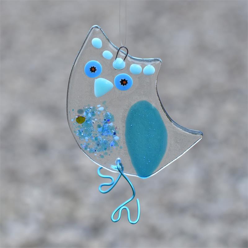 Blue Owl fused glass hanging decoration made by molten wonky
