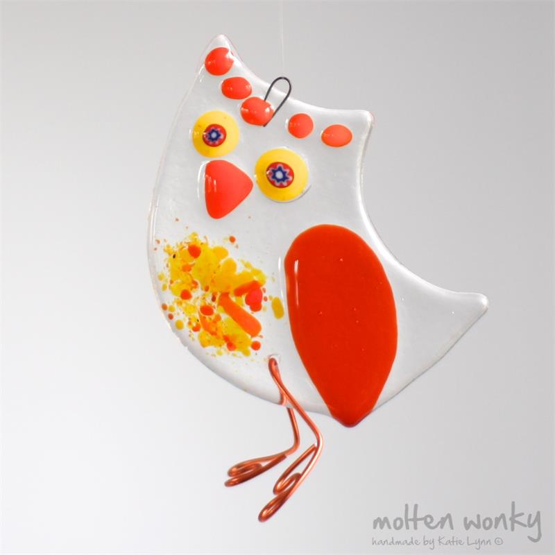 Orange Owl fused glass hanging decoration made by molten wonky