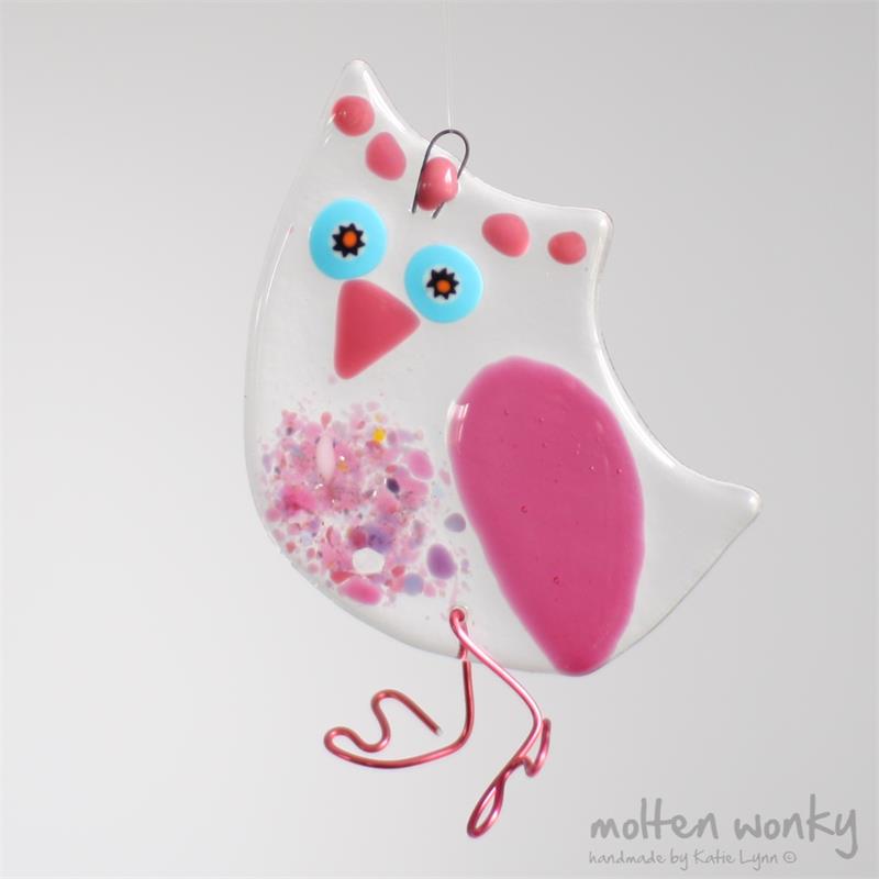 Pink Owl fused glass hanging decoration made by molten wonky