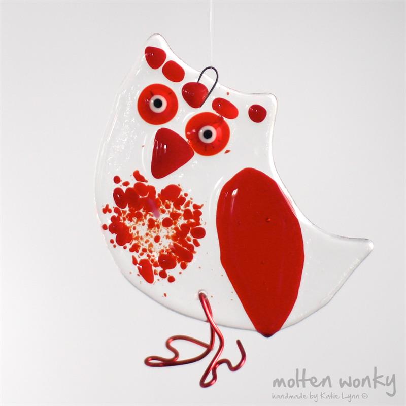 Red Owl fused glass hanging decoration handmade by molten wonky