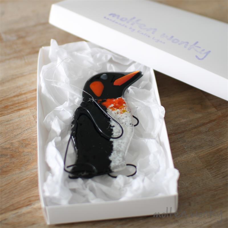 Penguin fused glass hanging decoration made by molten wonky