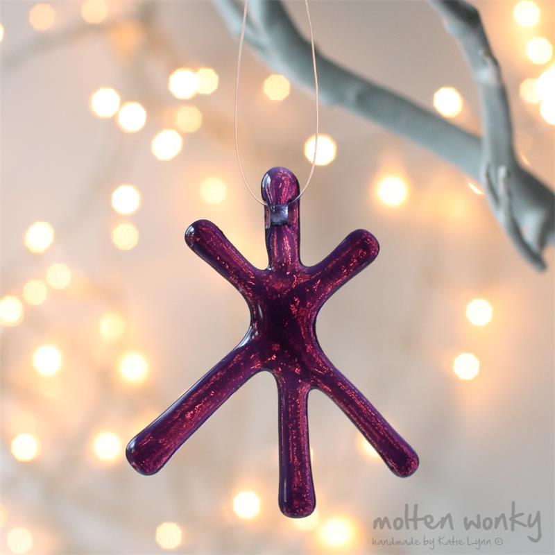 Purple Transparent fused glass star hanging decoration made by molten wonky