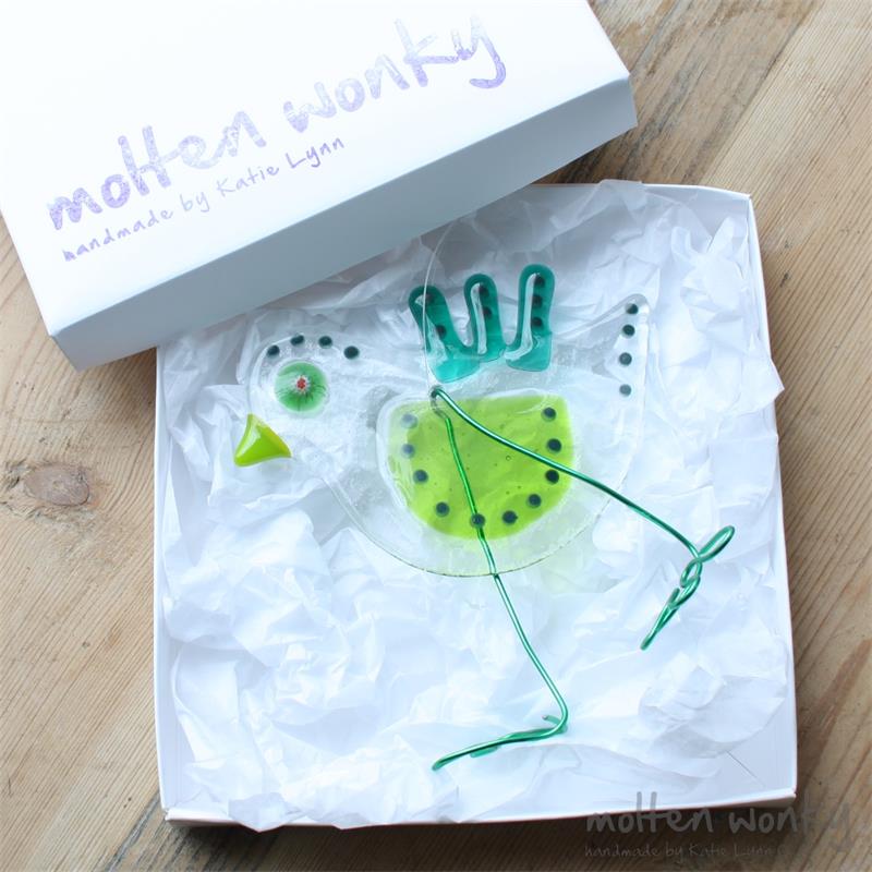 Green Quirky Bird fused glass hanging decoration made by molten wonky