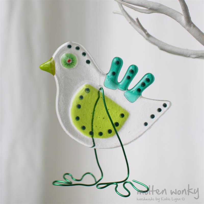 Green Quirky Bird fused glass hanging decoration made by molten wonky