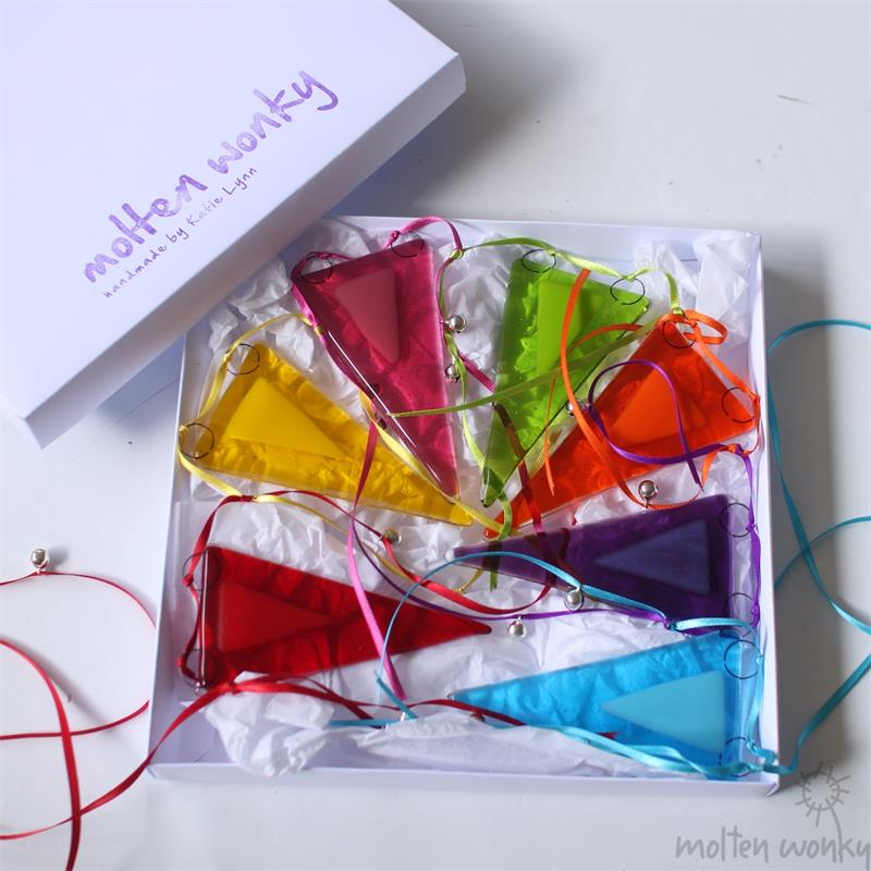 rainbow fused glass bunting with jiggle bells 