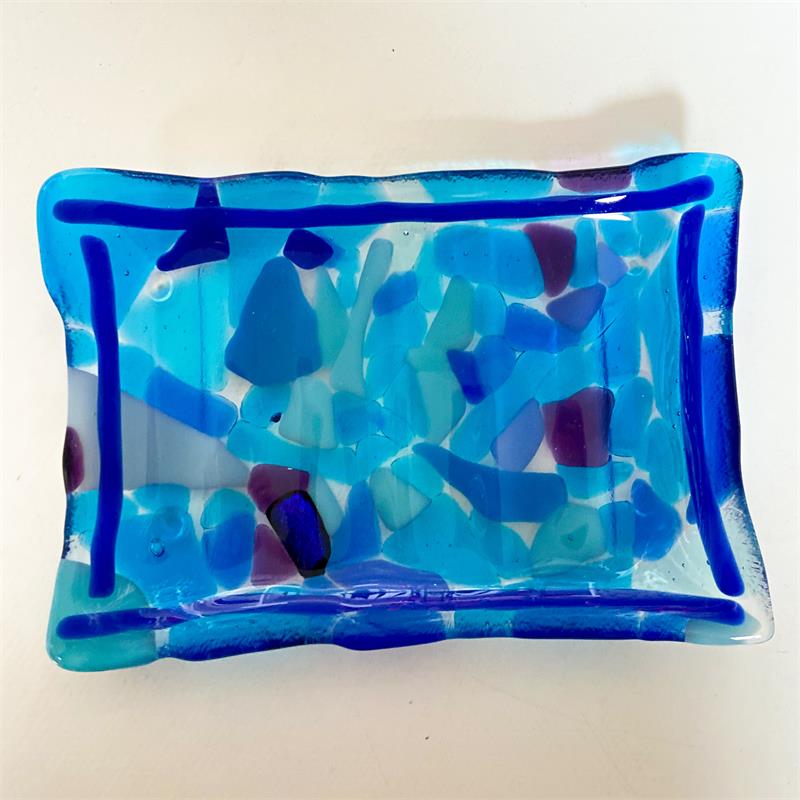 blue recycled fused glass soap dish 
