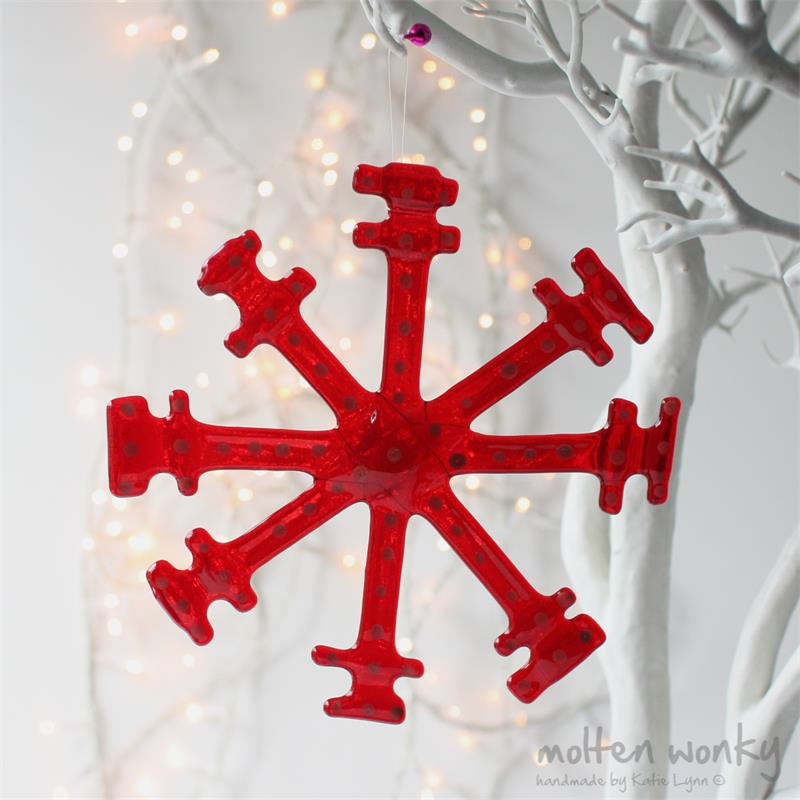 red fused glass snow flake hanging decoration made by molten wonky