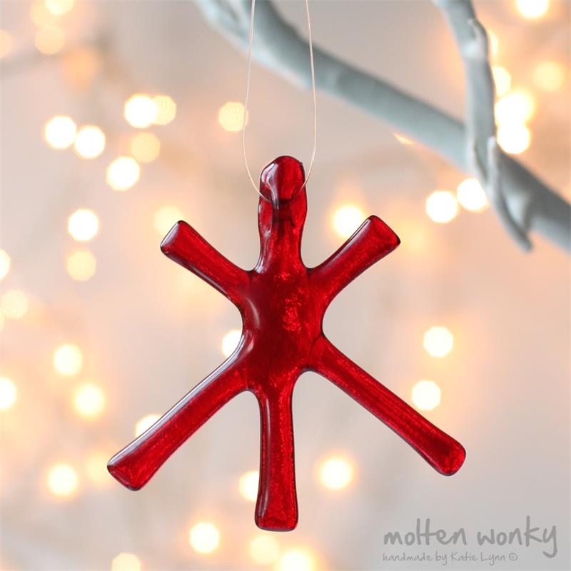 Red Transparent fused glass star hanging decoration made by molten wonky
