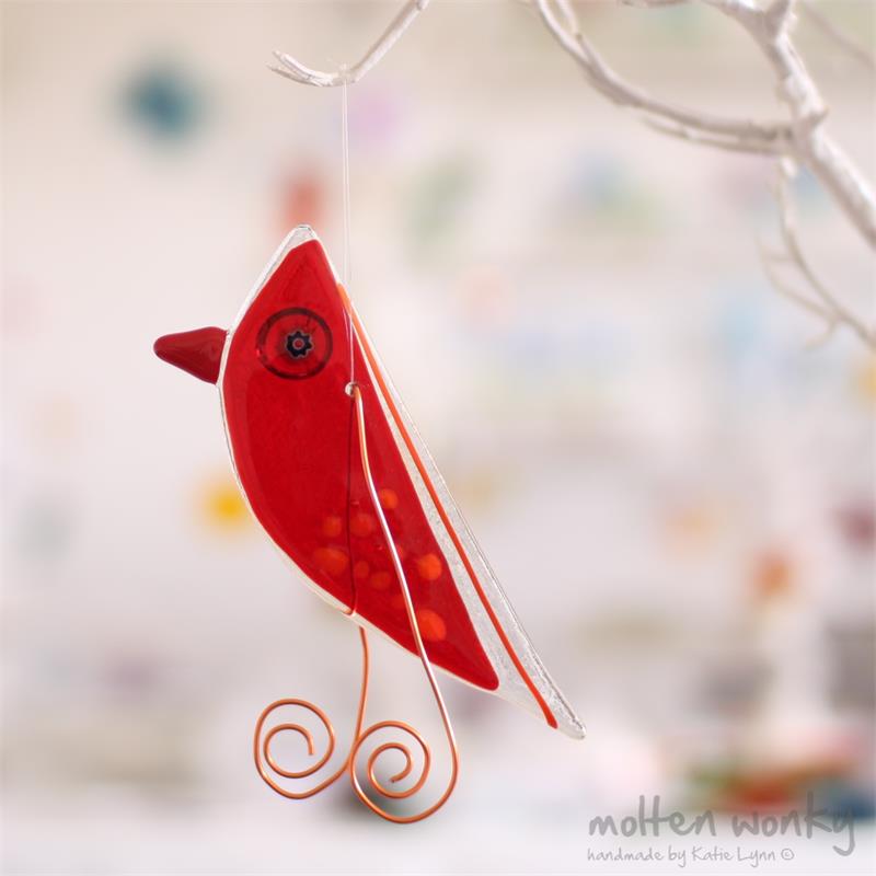 Red Lala Bird hanging fused glass decoration handmade by Katie Lynn