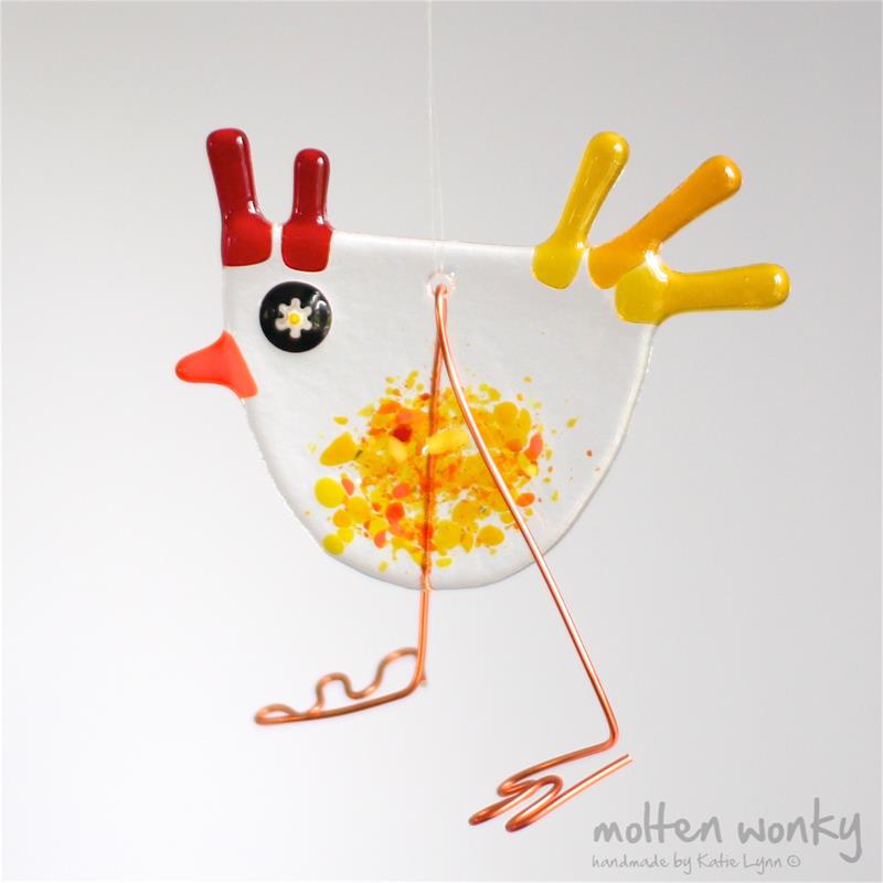 Rooster Bird fused glass hanging decoration made by molten wonky