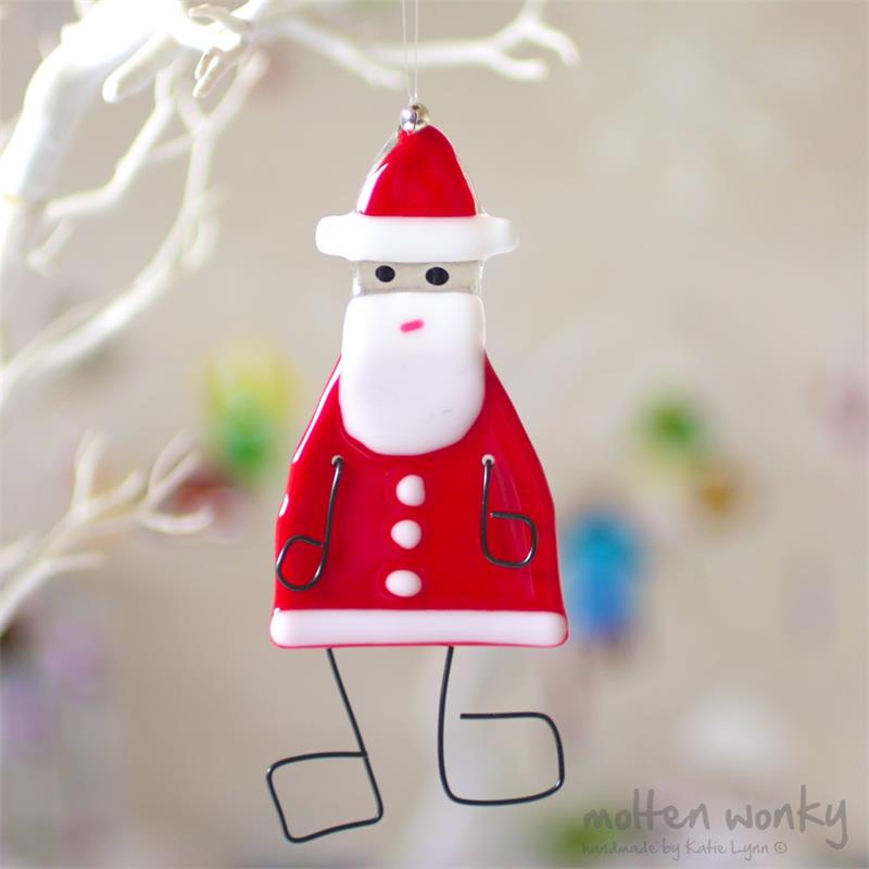 Father Christmas fused glass hanging decoration made by molten wonky