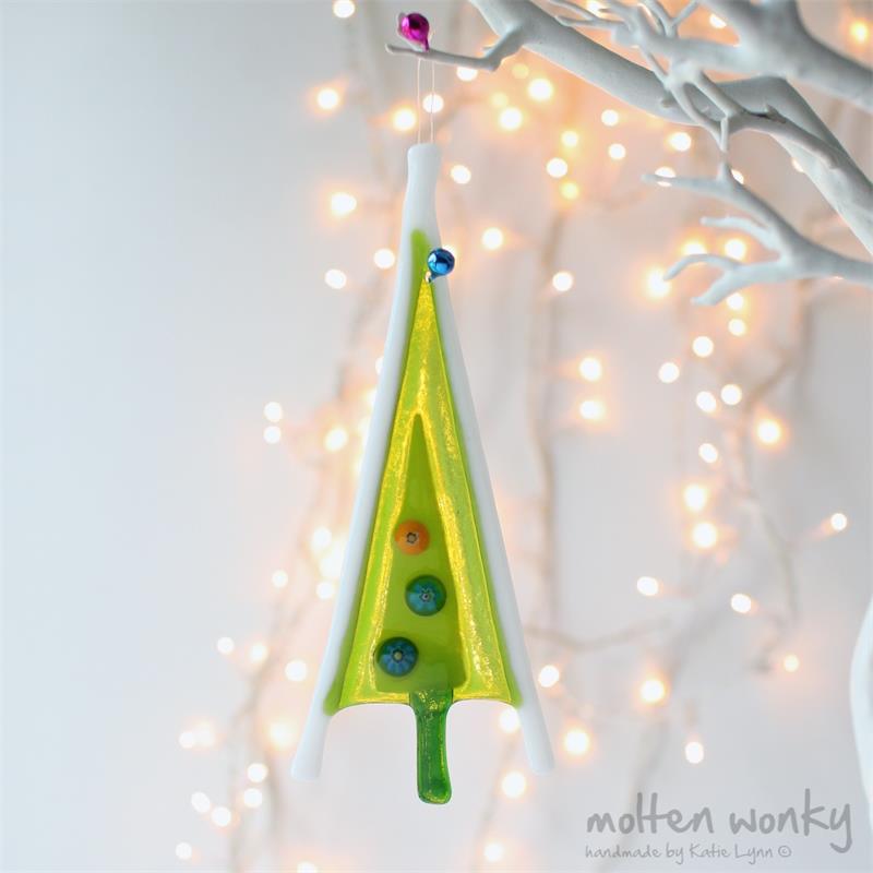 Lime snowy tree fused glass decoration made by molten wonky