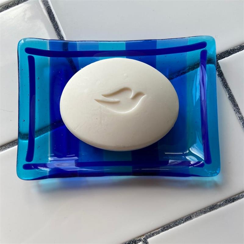 blue handmade fused glass soap dish 