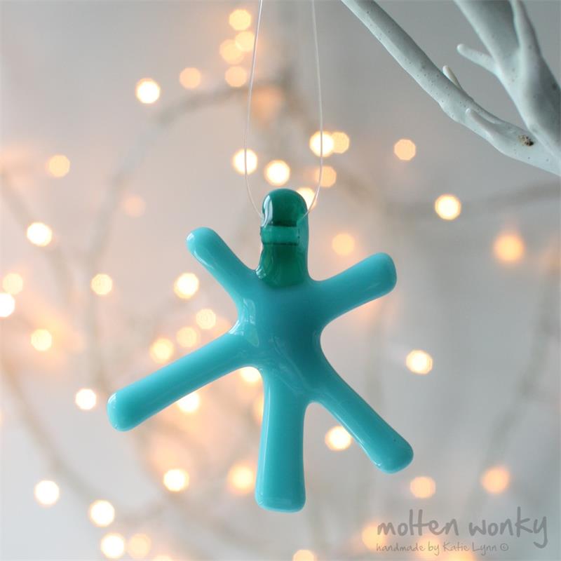 Turquoise opaque fused glass star hanging decoration made by molten wonky
