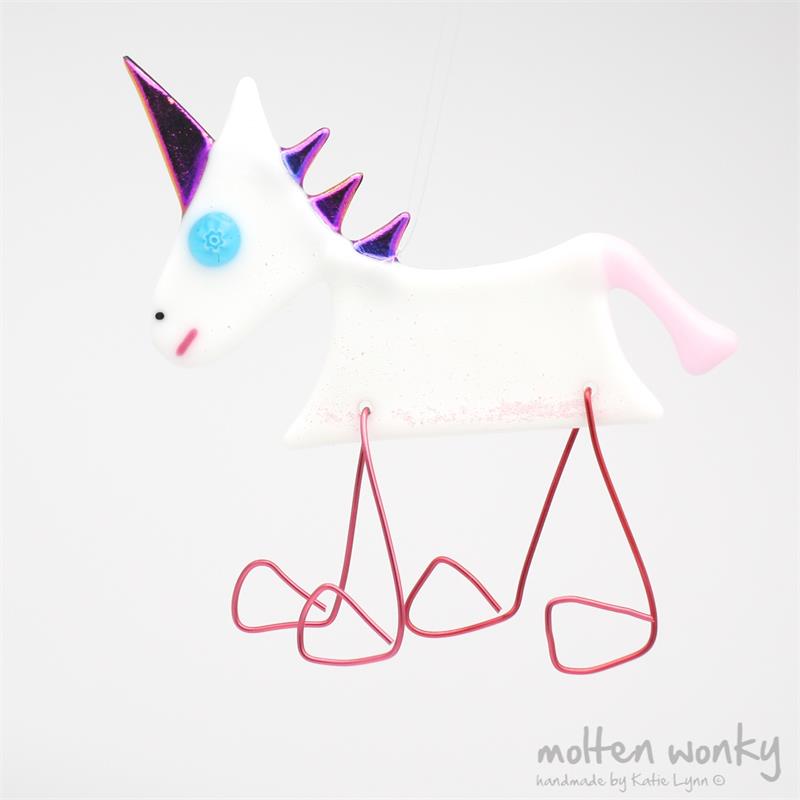 Bright white glass unicorn decoration with dichroic glass mane and horn